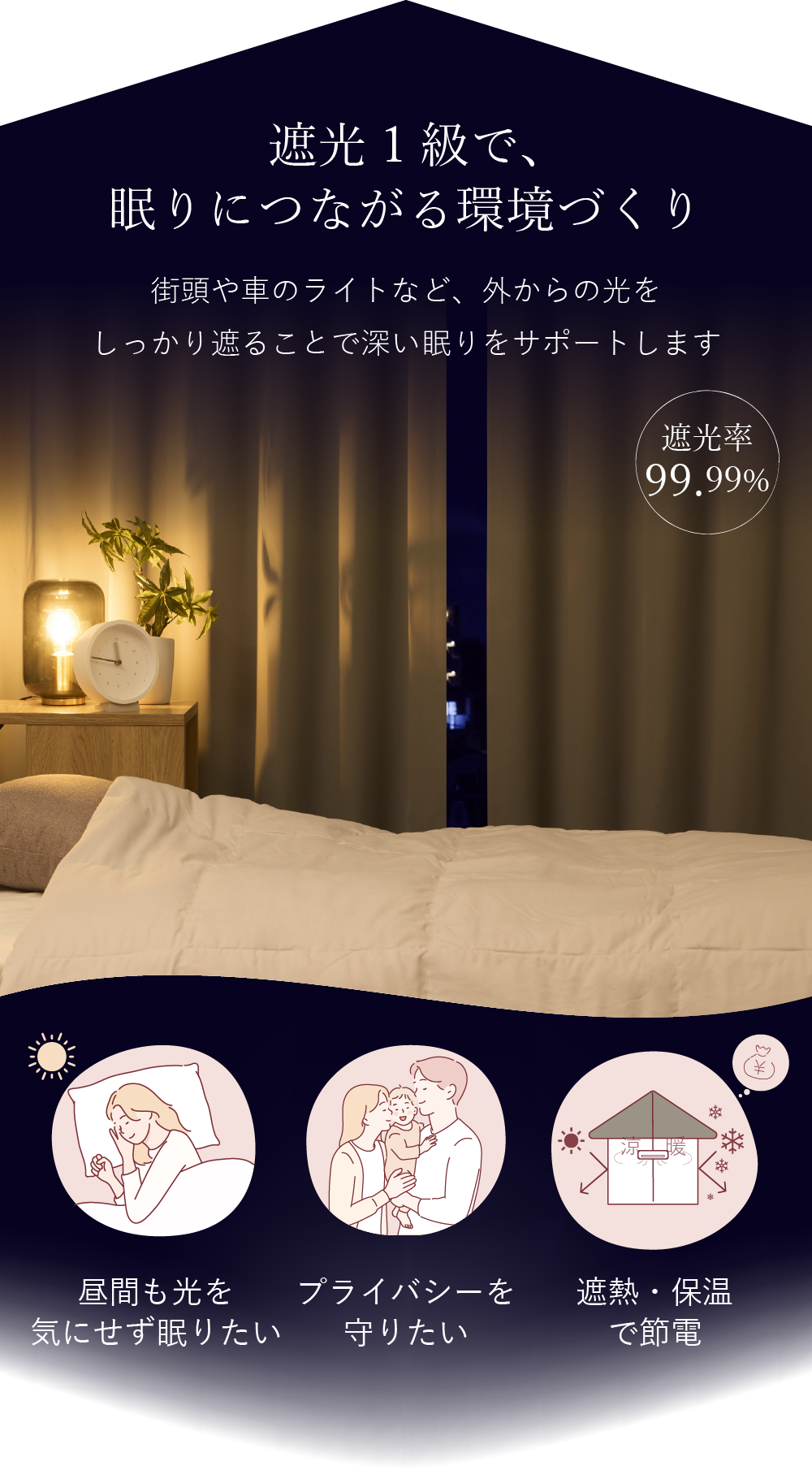 遮光1級で、睡眠の質向上街頭や車のライトなど、外からの光しっかり遮ることで深い眠りをサポートします