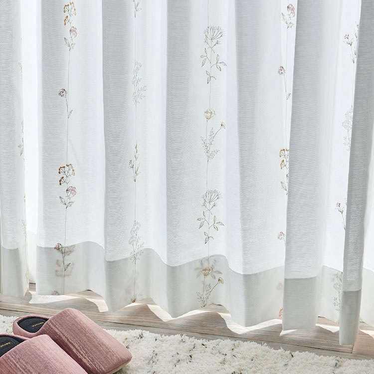 遮熱刺繍草花レース（ピンク×イエロー）｜カーテン