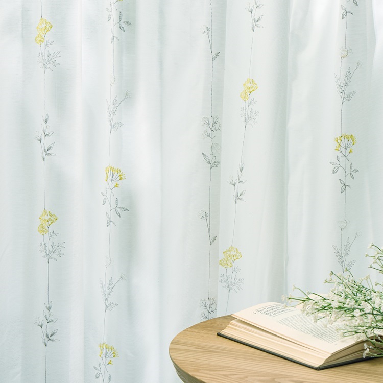 遮熱刺繍草花レース（グレー×イエロー）｜カーテン