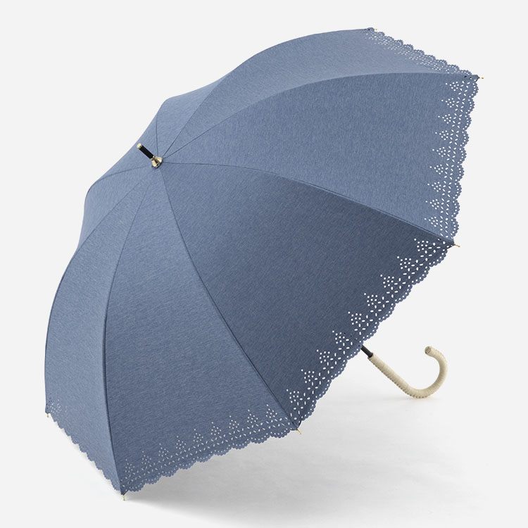 長傘 遮光レースカットシャンブレー ブルー