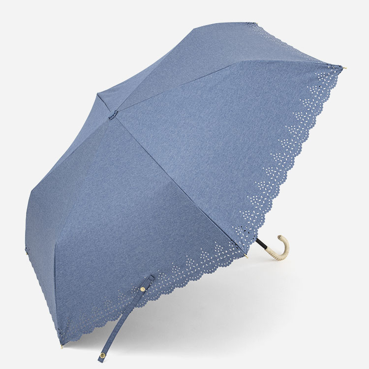 折畳傘 遮光レースカットシャンブレー ブルー