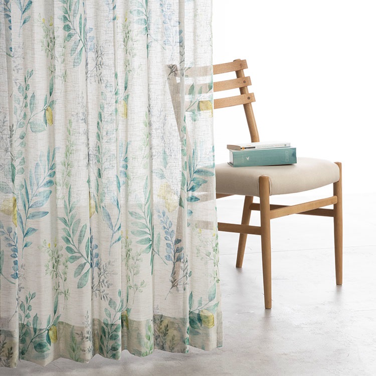 麻調プリントボタニカル（グリーン）｜カーテン