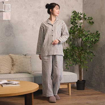 ケユカナイトウェア 軽量あたたか起毛二重ガーゼストライプセットアップ