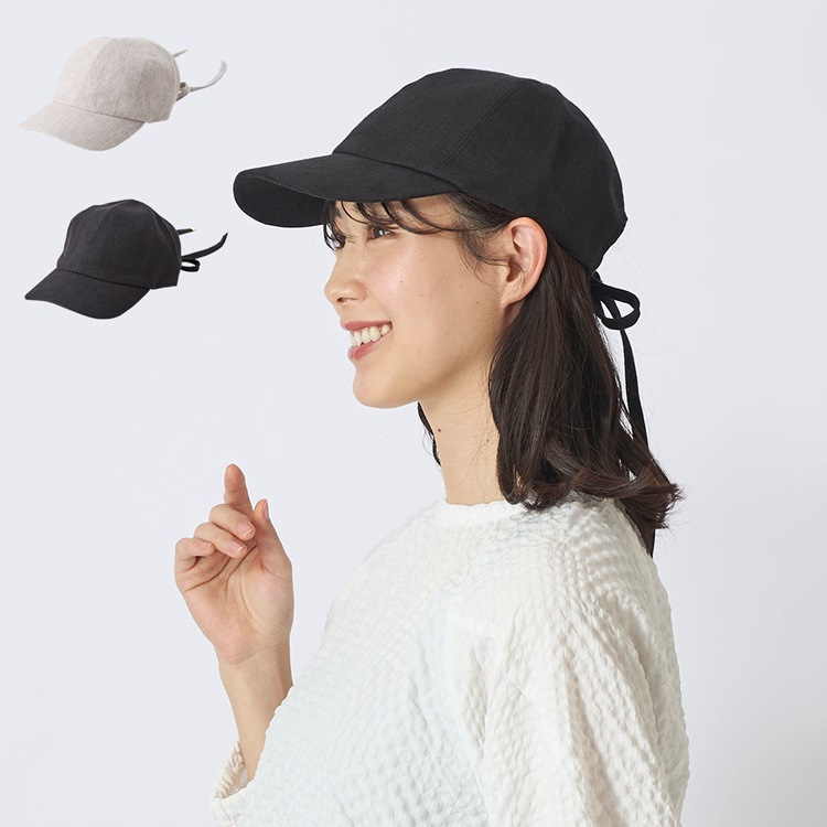リネン混リボン付きキャップ
