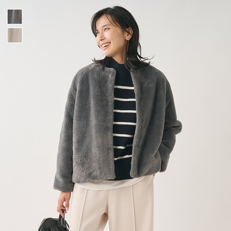 フェイクファーノーカラーブルゾン