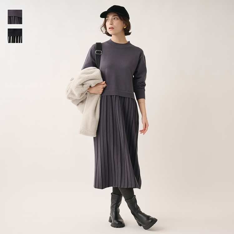 配色プリーツニットワンピース