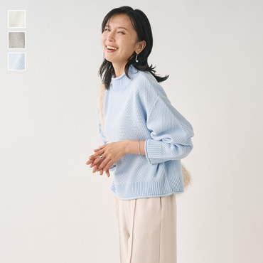 ロールネックカノコ編みニットトップス