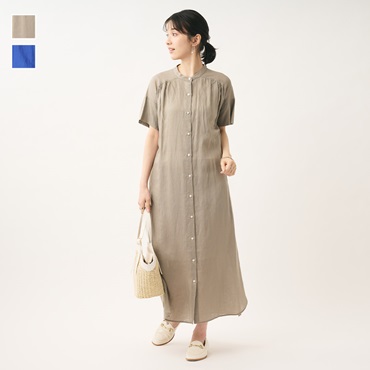 麻混ギャザーシャツワンピース