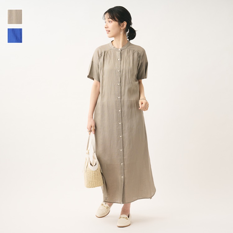 麻混ギャザーシャツワンピース
