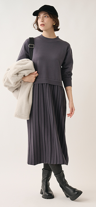 配色プリーツニットワンピース