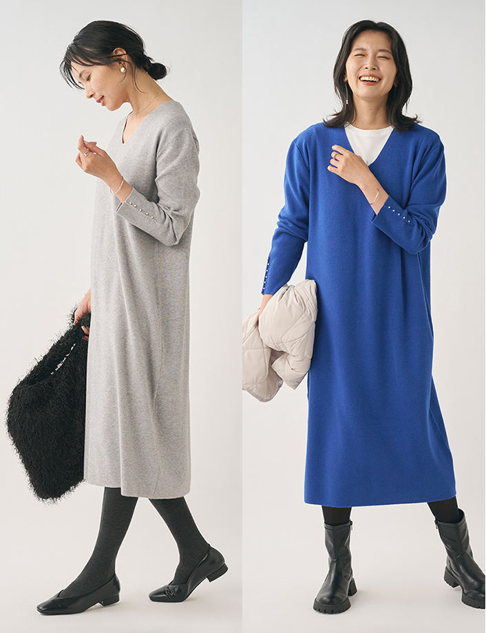 袖パールVネックニットワンピース