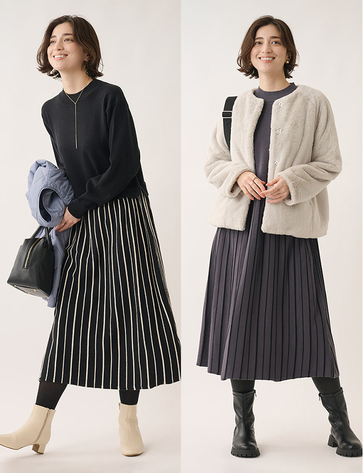 配色プリーツニットワンピース