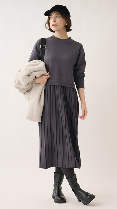 配色プリーツニットワンピース