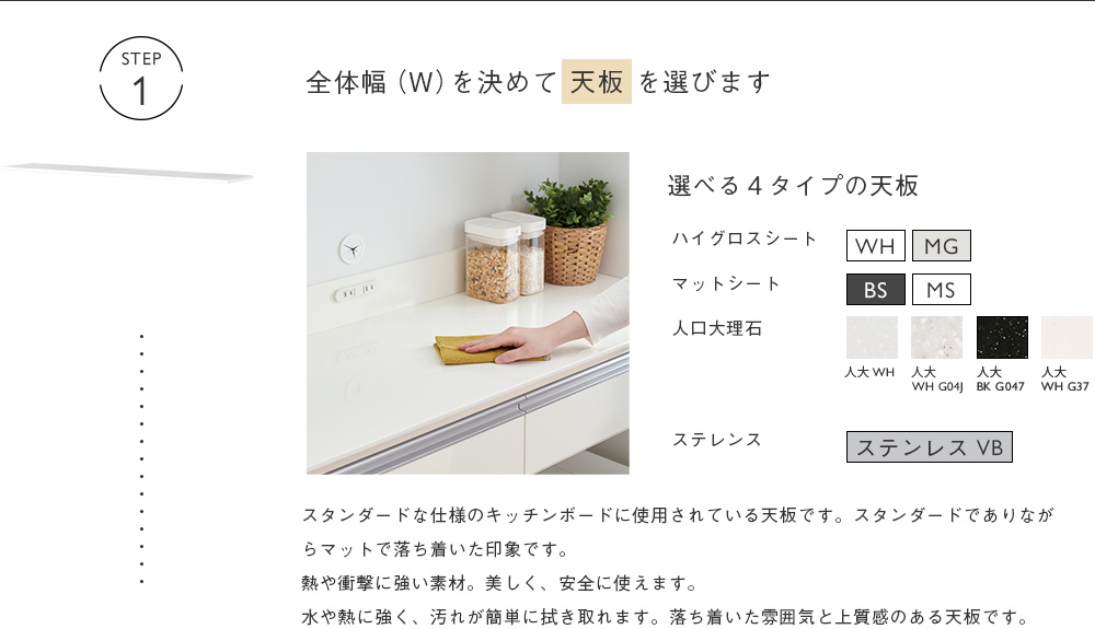 全体幅（W）を決めて 天板 を選びます 