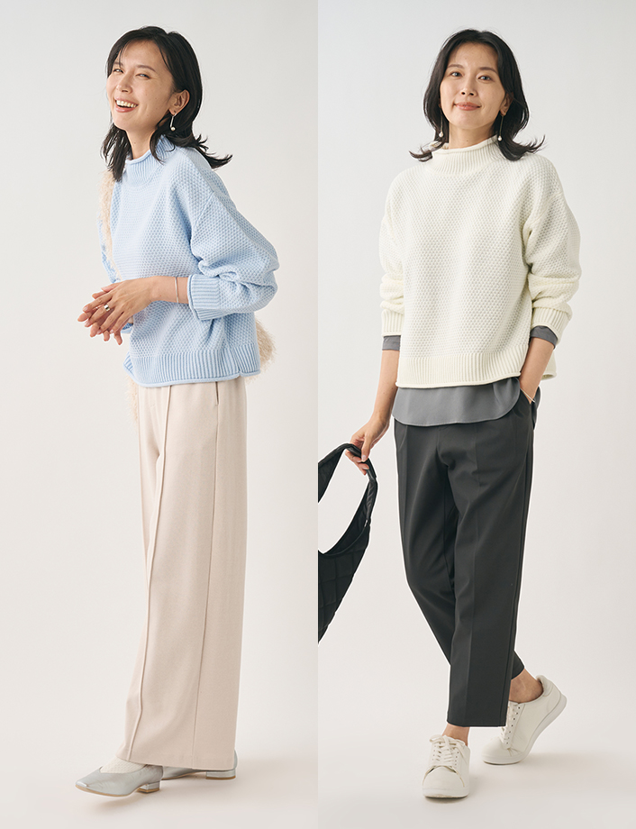 ロールネックカノコ編みニットトップス